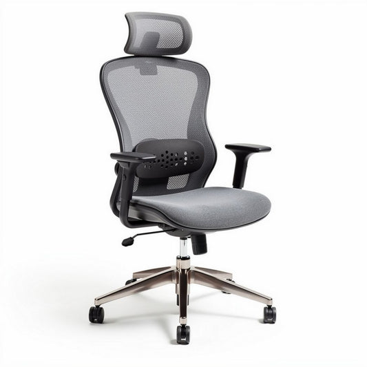 Chaise de bureau ergonomique en maille grise avec appui-tête réglable 55 x 60 x 120cm
