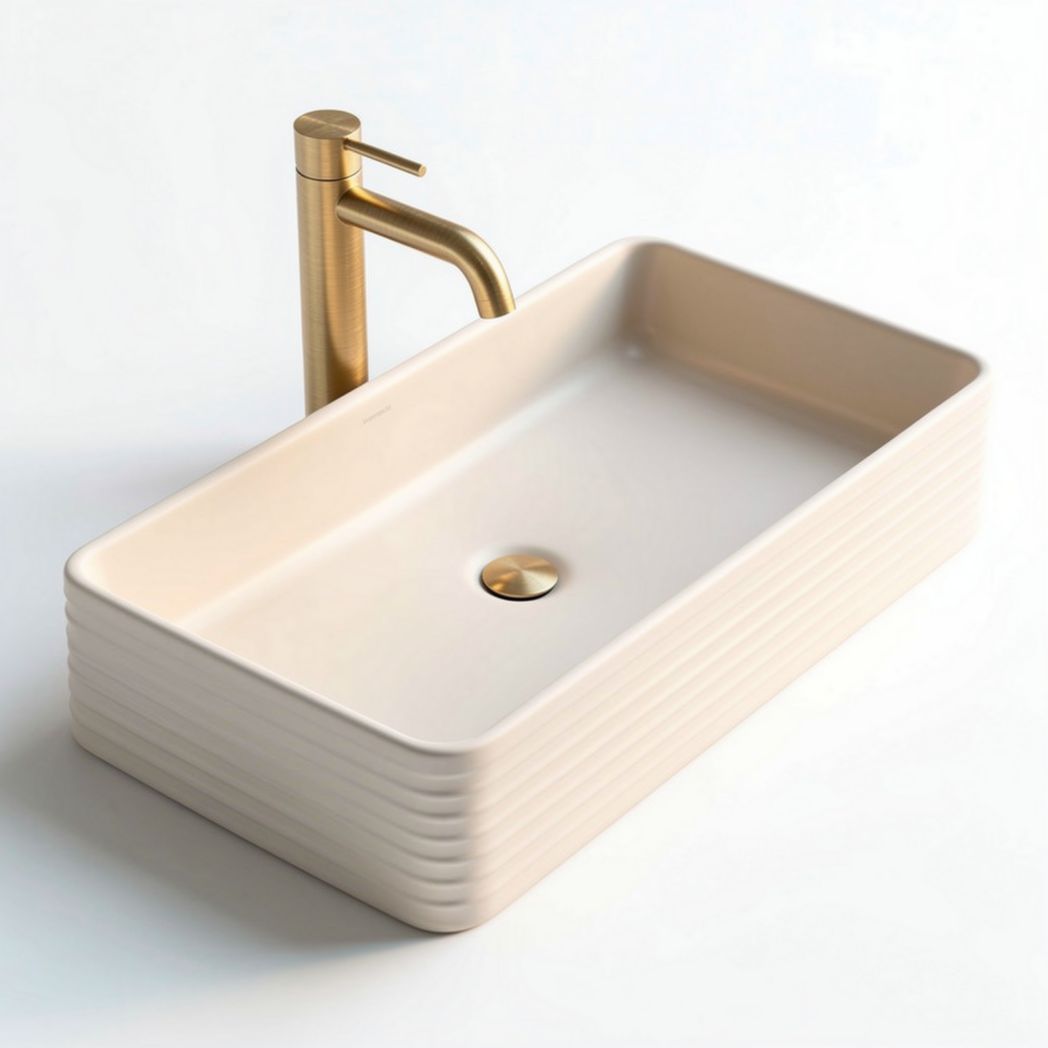 Lavabo rectangulaire en céramique beige avec robinet doré dimensions 50 x 30 x 15cm