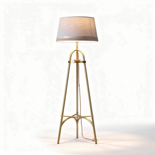 Lampe sur pied en métal doré avec abat-jour tissu gris 30 x 30 x 150cm
