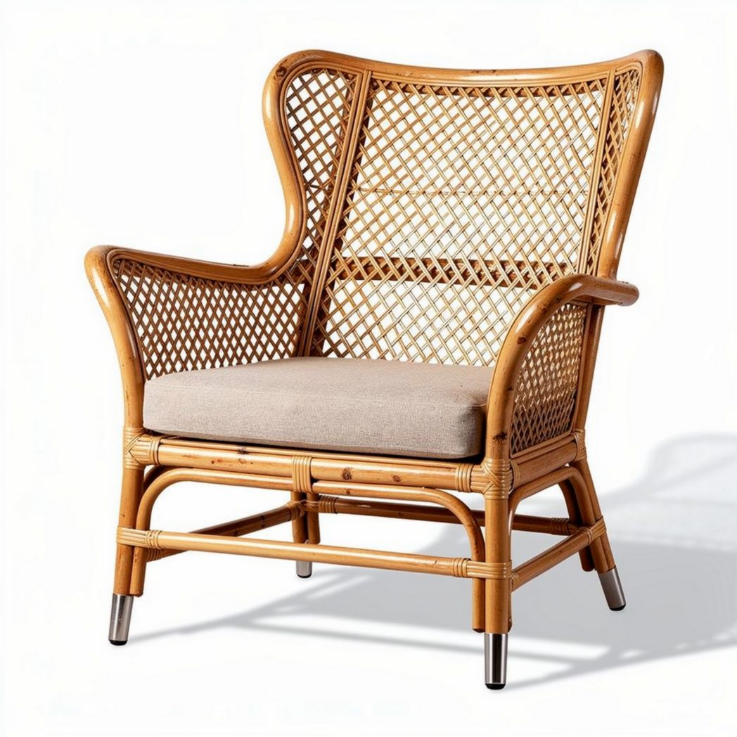 Fauteuil en rotin tressé avec coussin en mousse couleur beige dimensions 80 x 75 x 90cm